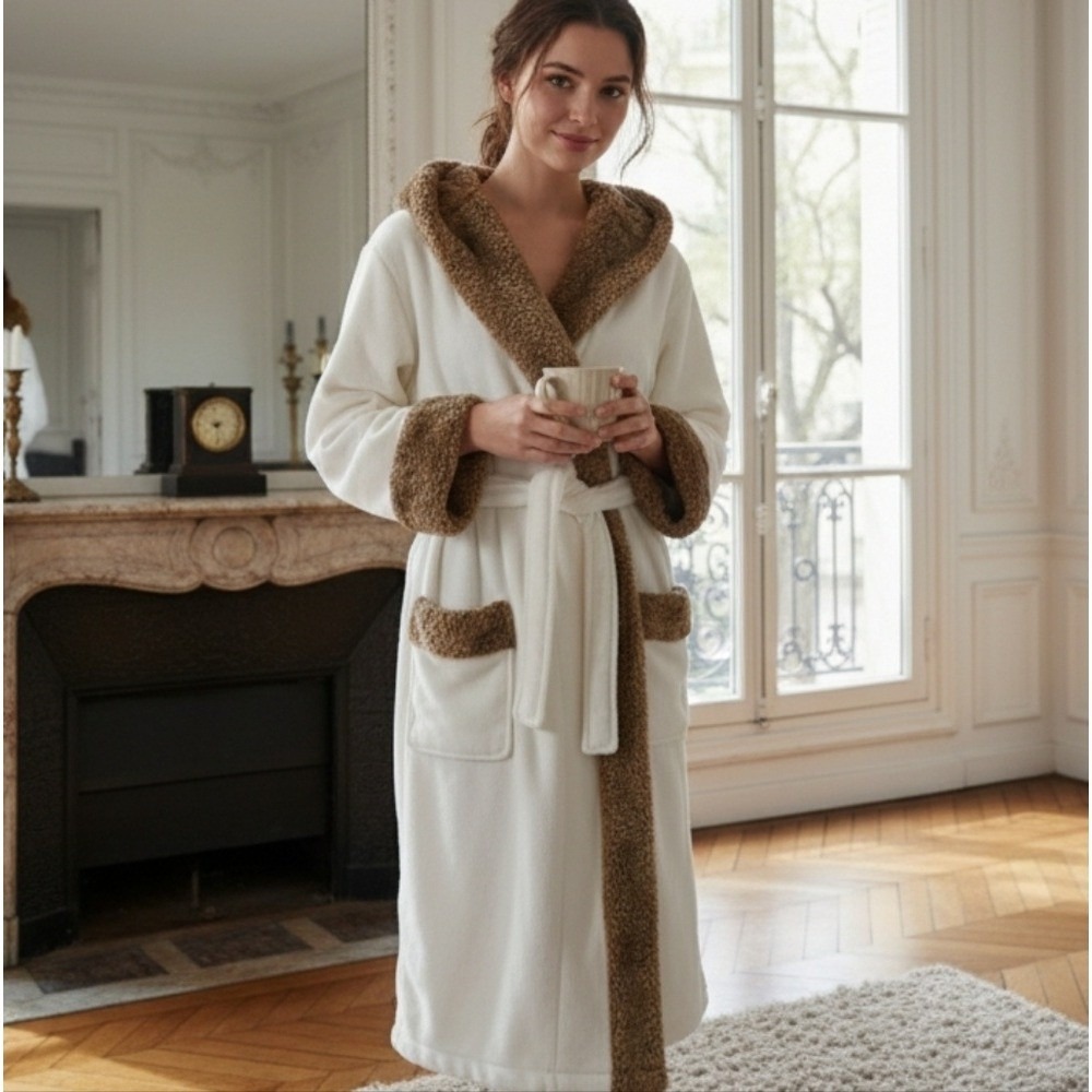 Pottery Barn Cream Brown Hooded Robe Faux Fur Caramel Ombre Trim Belt XL Unisex